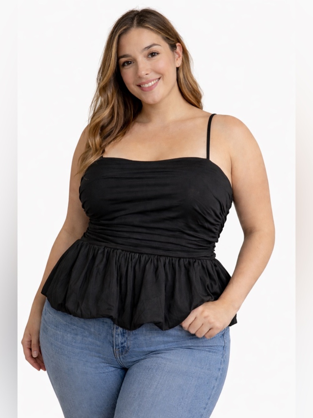 Future Collective Black Peplum Cami Top XL Spaghetti Strap Ruched Bust Flowy Hem